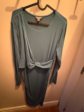 Blue Long Sleeve Twist Front Maternity Dress